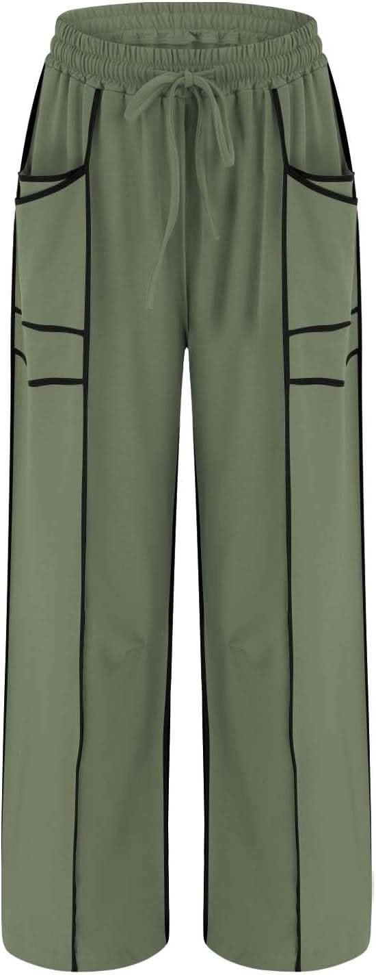 Womens Wide Leg Palazzo Pants Casual Summer High Waisted Contrast Patchwork Pants Drawstring Baggy Trousers W/Pockets