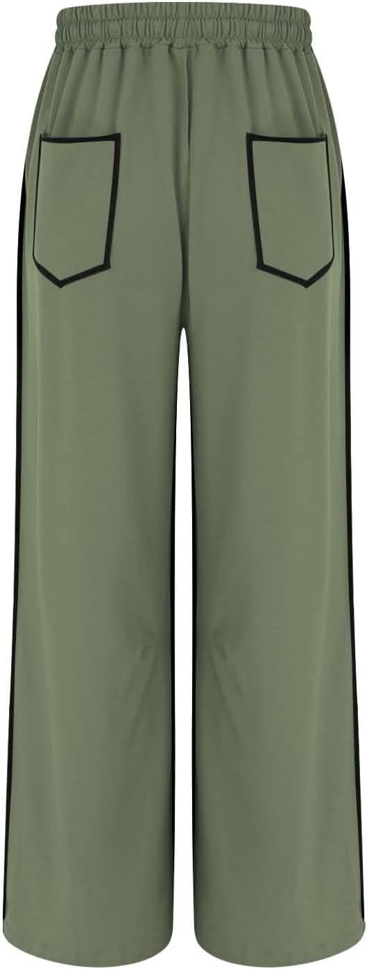 Womens Wide Leg Palazzo Pants Casual Summer High Waisted Contrast Patchwork Pants Drawstring Baggy Trousers W/Pockets