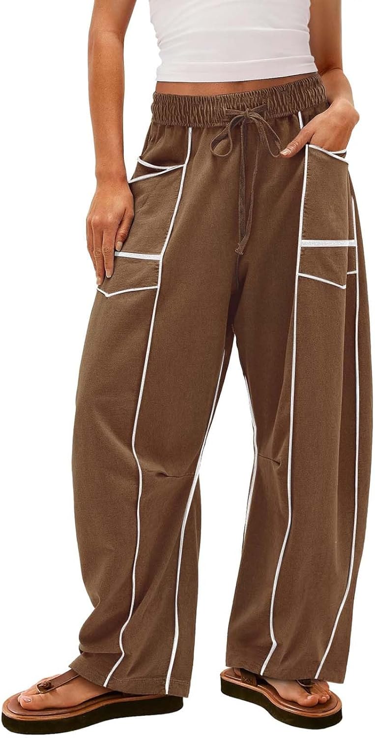 Womens Wide Leg Palazzo Pants Casual Summer High Waisted Contrast Patchwork Pants Drawstring Baggy Trousers W/Pockets