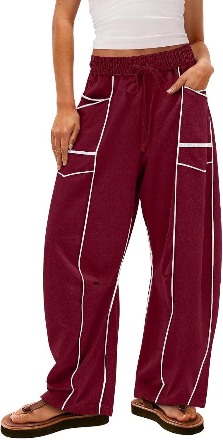 Womens Wide Leg Palazzo Pants Casual Summer High Waisted Contrast Patchwork Pants Drawstring Baggy Trousers W/Pockets