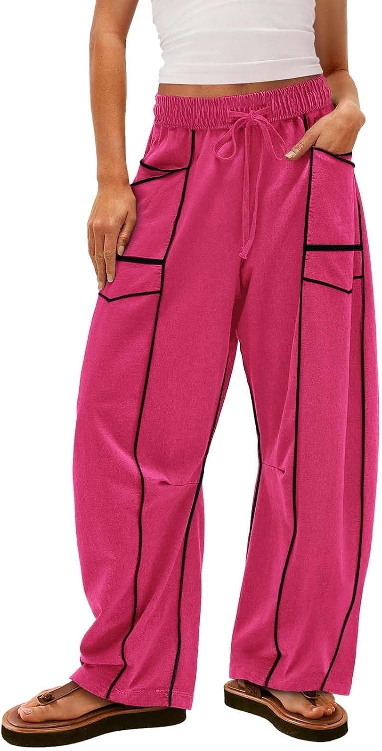 Womens Wide Leg Palazzo Pants Casual Summer High Waisted Contrast Patchwork Pants Drawstring Baggy Trousers W/Pockets