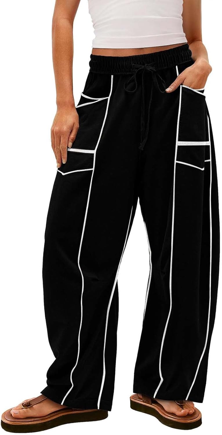 Womens Wide Leg Palazzo Pants Casual Summer High Waisted Contrast Patchwork Pants Drawstring Baggy Trousers W/Pockets
