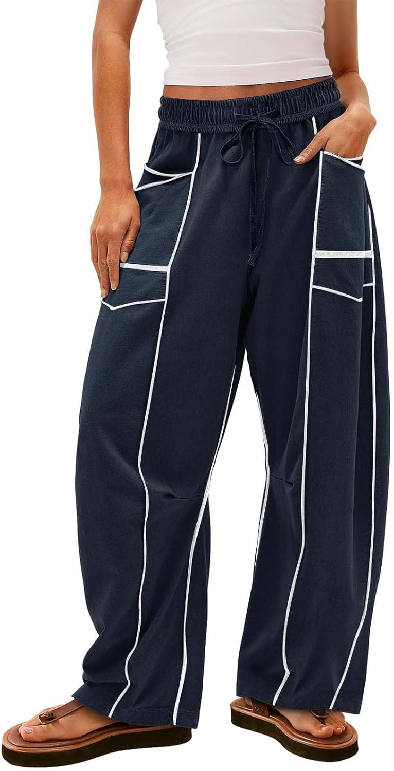 Womens Wide Leg Palazzo Pants Casual Summer High Waisted Contrast Patchwork Pants Drawstring Baggy Trousers W/Pockets