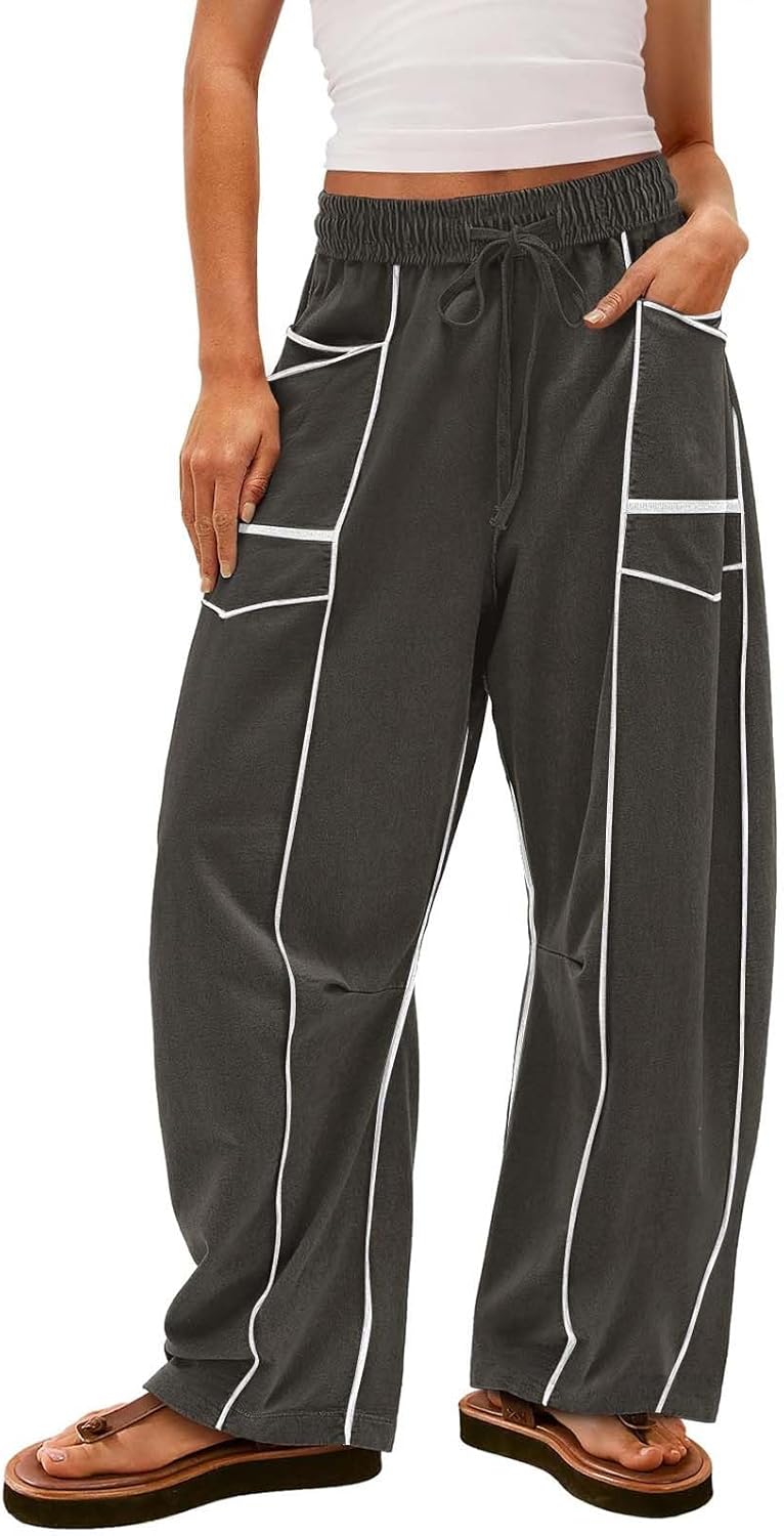 Womens Wide Leg Palazzo Pants Casual Summer High Waisted Contrast Patchwork Pants Drawstring Baggy Trousers W/Pockets