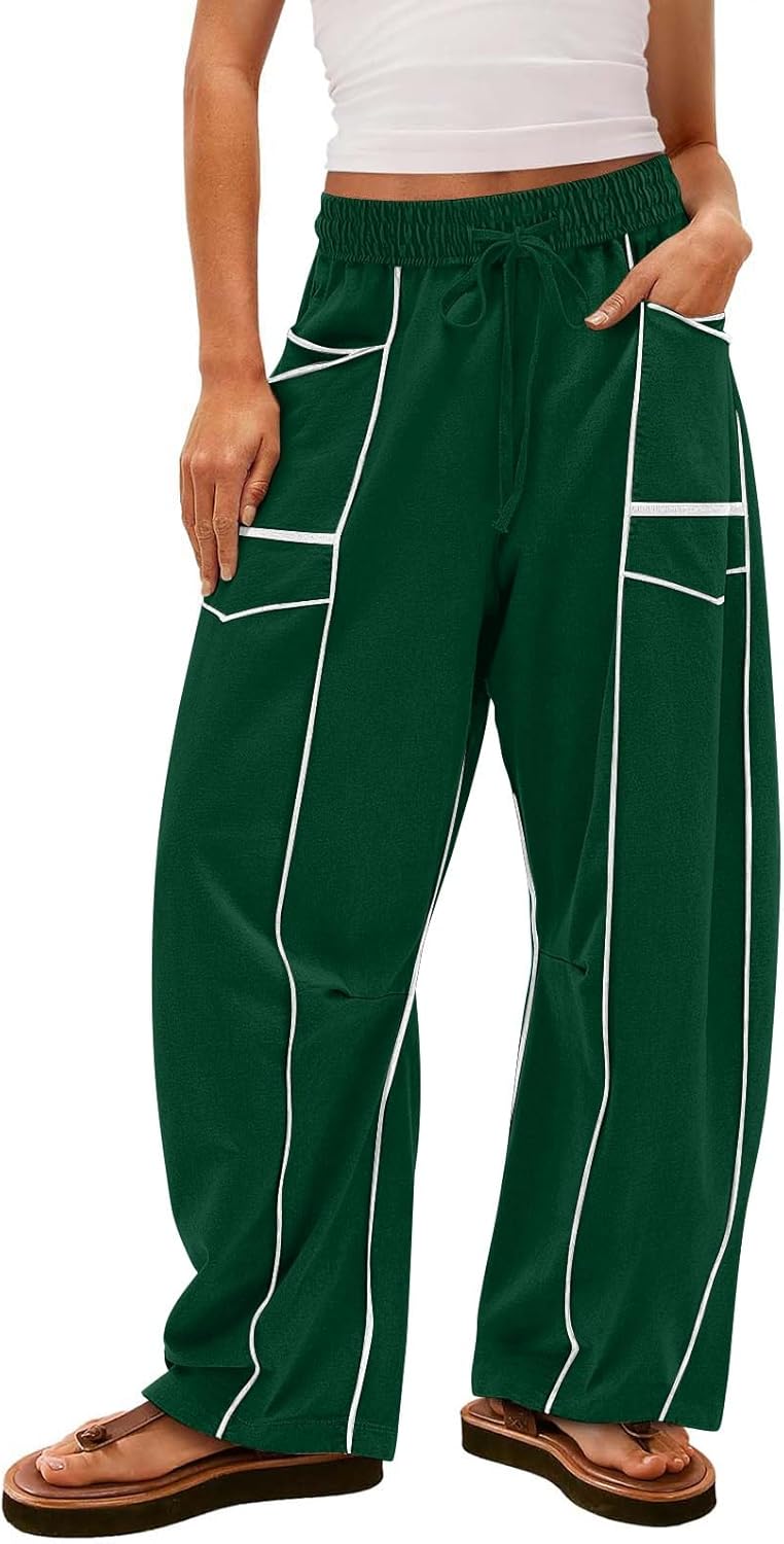 Womens Wide Leg Palazzo Pants Casual Summer High Waisted Contrast Patchwork Pants Drawstring Baggy Trousers W/Pockets