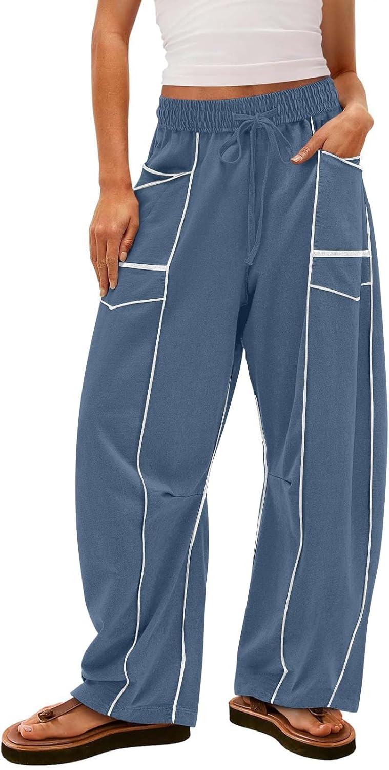 Womens Wide Leg Palazzo Pants Casual Summer High Waisted Contrast Patchwork Pants Drawstring Baggy Trousers W/Pockets