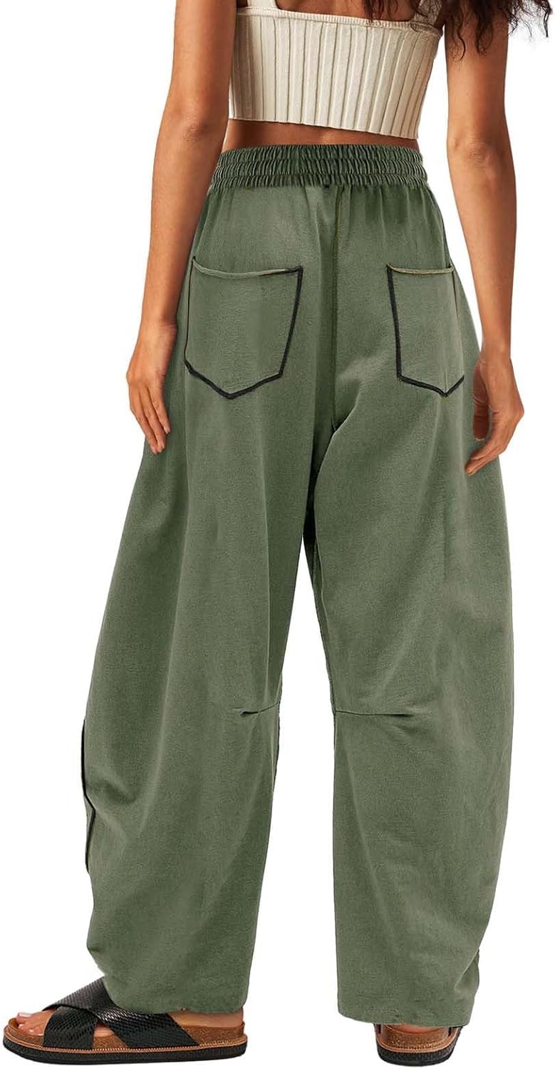 Womens Wide Leg Palazzo Pants Casual Summer High Waisted Contrast Patchwork Pants Drawstring Baggy Trousers W/Pockets