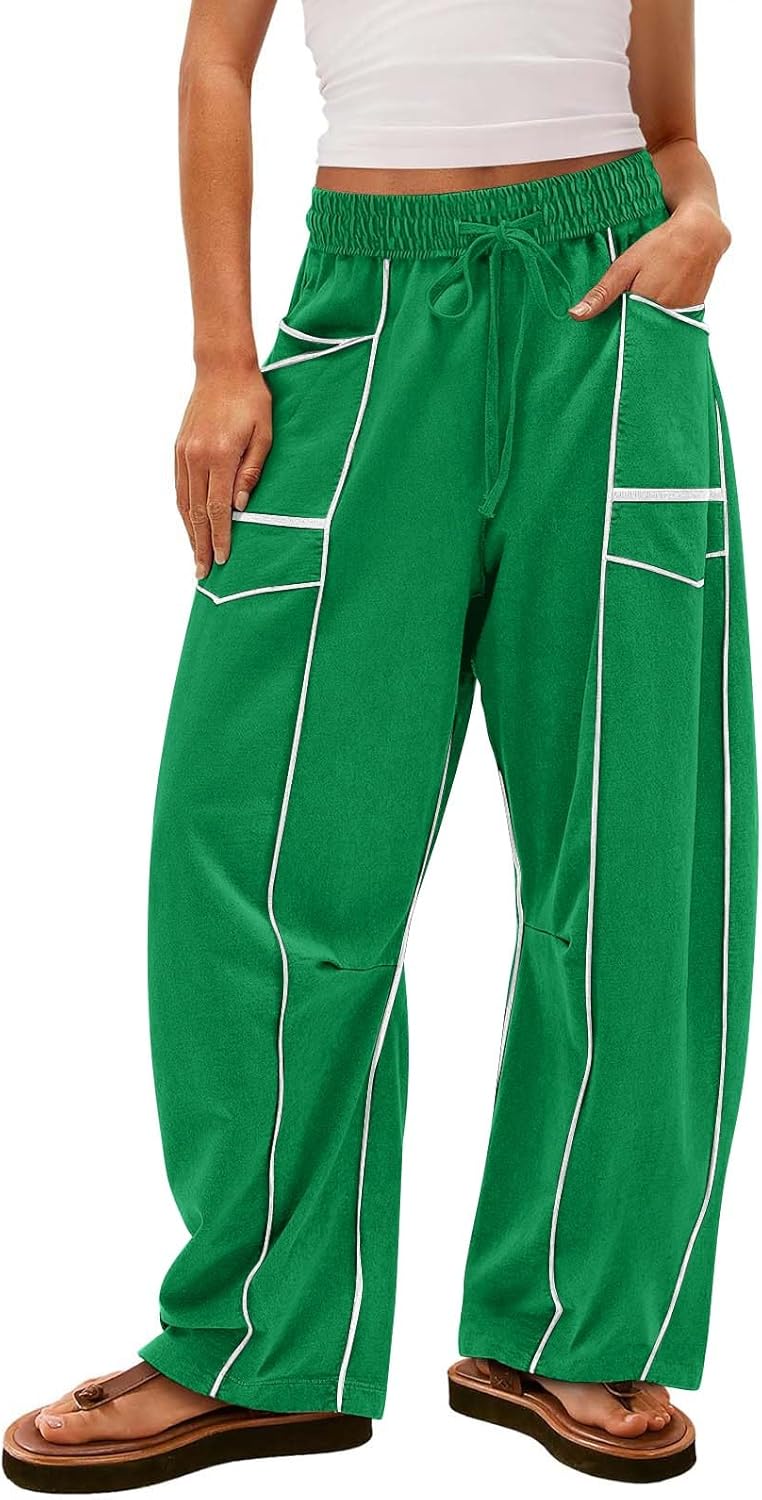 Womens Wide Leg Palazzo Pants Casual Summer High Waisted Contrast Patchwork Pants Drawstring Baggy Trousers W/Pockets