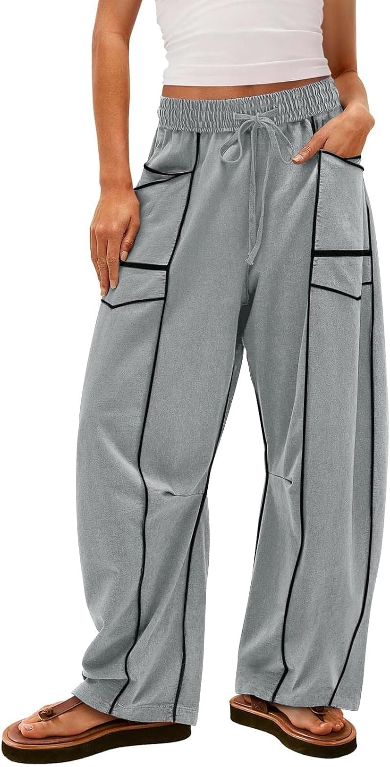 Womens Wide Leg Palazzo Pants Casual Summer High Waisted Contrast Patchwork Pants Drawstring Baggy Trousers W/Pockets