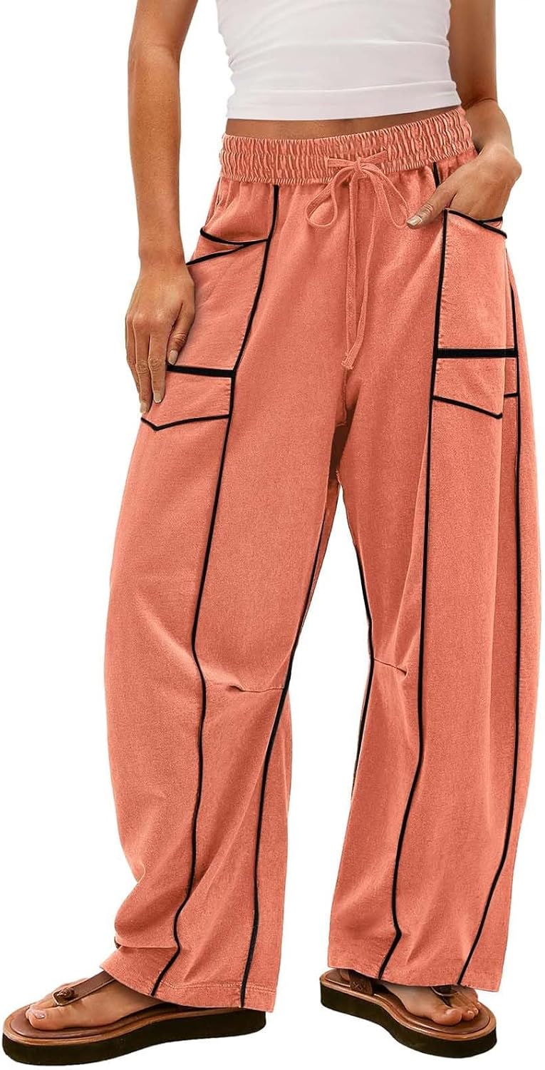 Womens Wide Leg Palazzo Pants Casual Summer High Waisted Contrast Patchwork Pants Drawstring Baggy Trousers W/Pockets