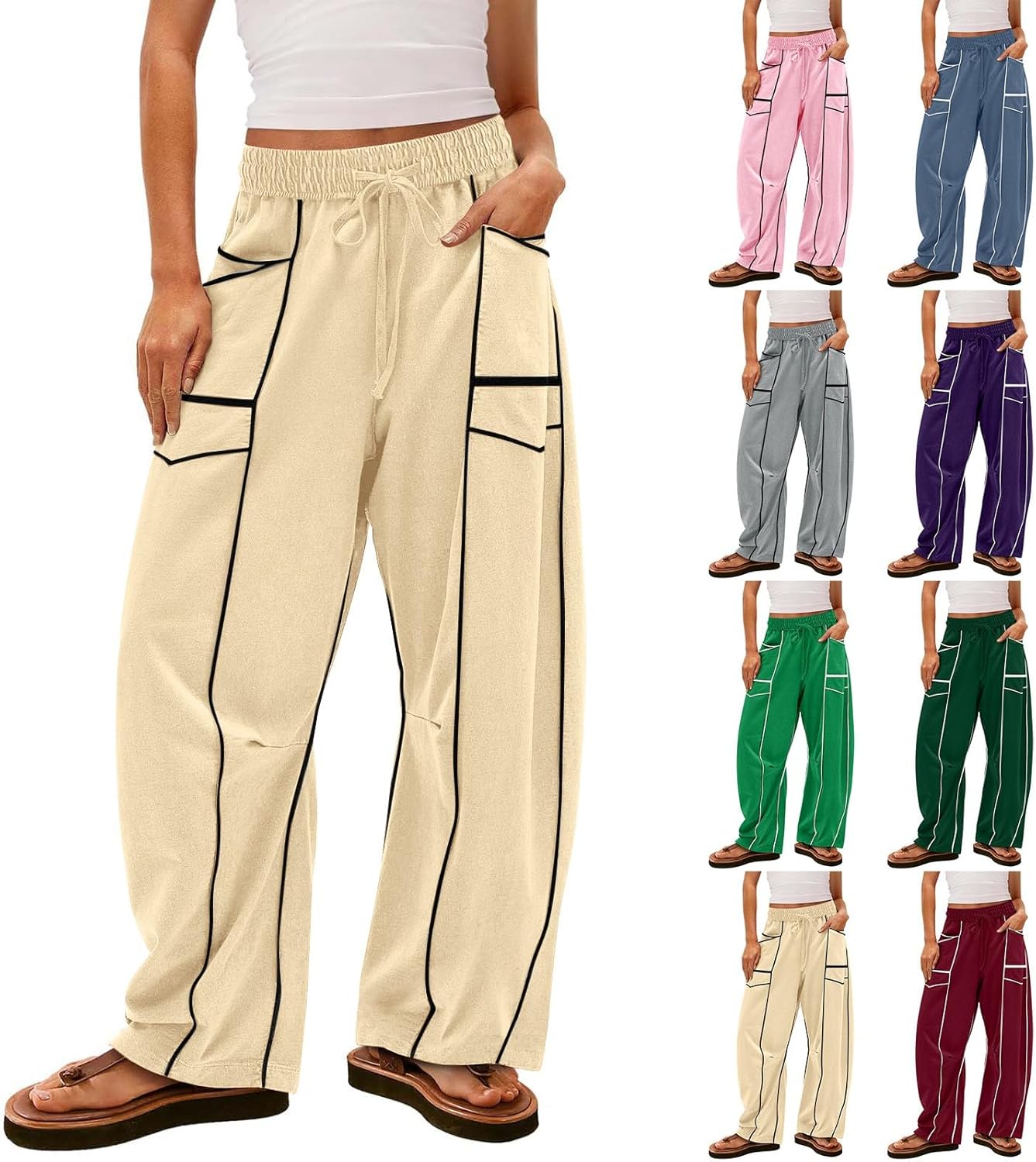 Womens Wide Leg Palazzo Pants Casual Summer High Waisted Contrast Patchwork Pants Drawstring Baggy Trousers W/Pockets