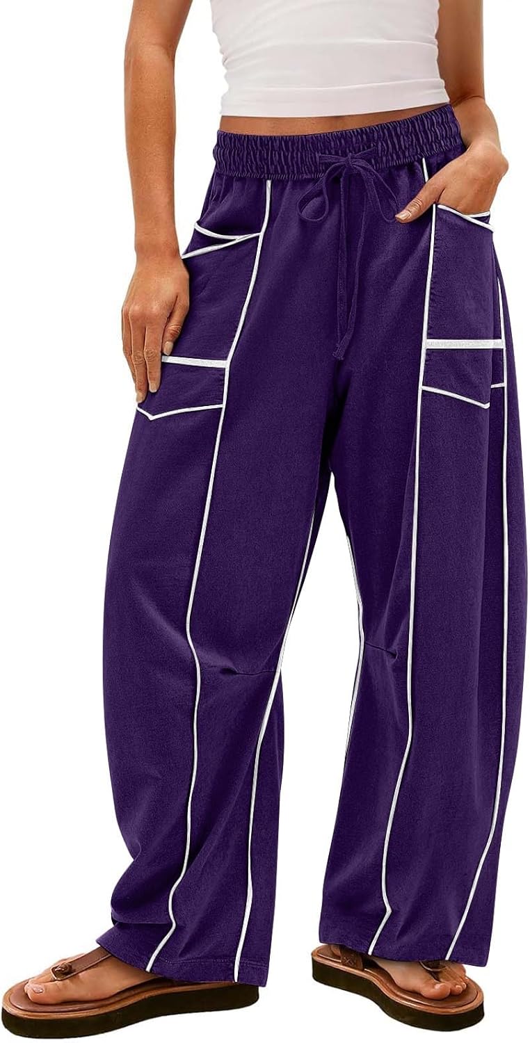 Womens Wide Leg Palazzo Pants Casual Summer High Waisted Contrast Patchwork Pants Drawstring Baggy Trousers W/Pockets