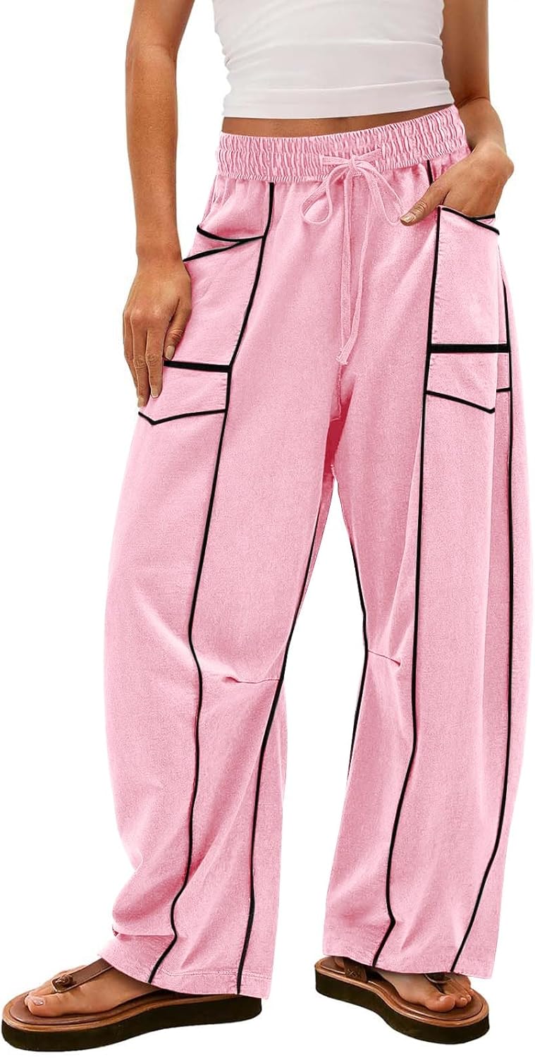Womens Wide Leg Palazzo Pants Casual Summer High Waisted Contrast Patchwork Pants Drawstring Baggy Trousers W/Pockets