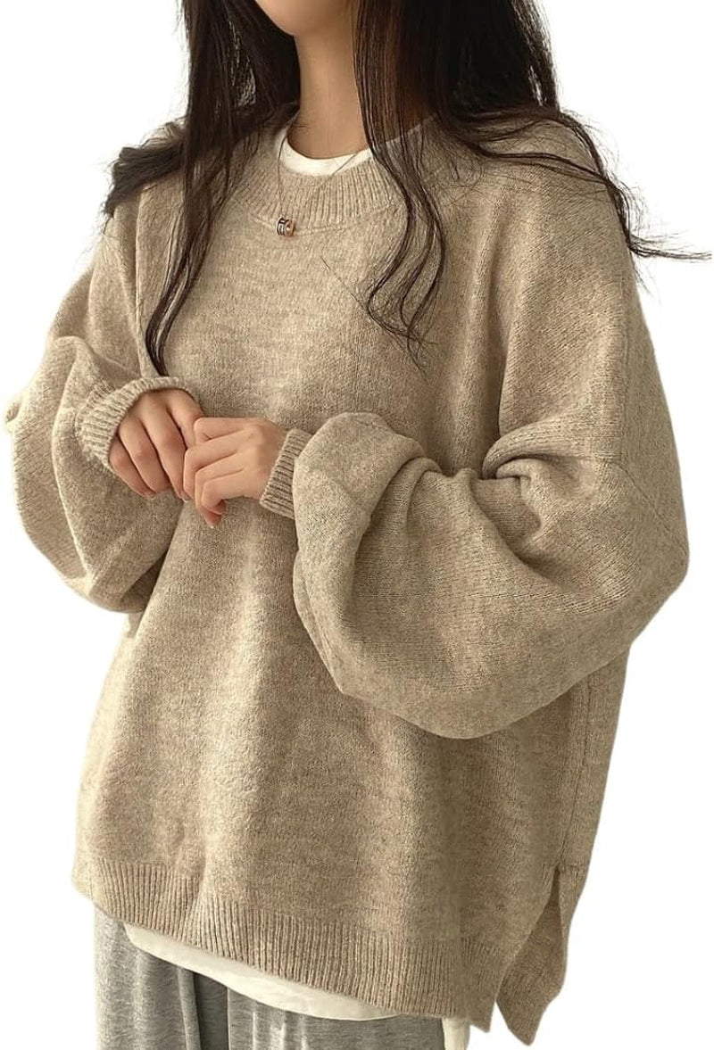 Women'S Fall & Winter Solid Chic Split Hem Crewneck Knitting Jumper, Basic Casual Loose Long Sleeve Sweater for Daily