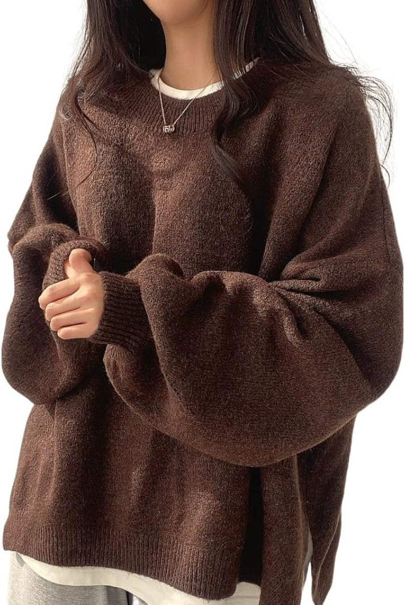 Women'S Fall & Winter Solid Chic Split Hem Crewneck Knitting Jumper, Basic Casual Loose Long Sleeve Sweater for Daily