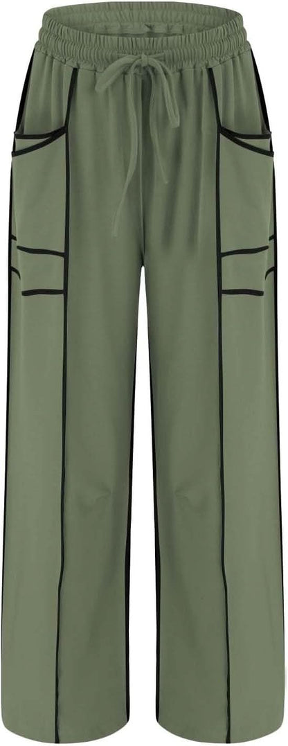 Womens Wide Leg Palazzo Pants Casual Summer High Waisted Contrast Patchwork Pants Drawstring Baggy Trousers W/Pockets