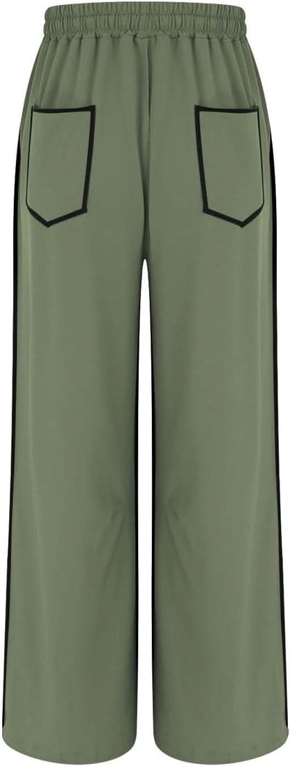 Womens Wide Leg Palazzo Pants Casual Summer High Waisted Contrast Patchwork Pants Drawstring Baggy Trousers W/Pockets