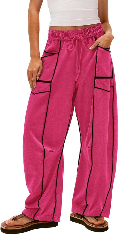 Womens Wide Leg Palazzo Pants Casual Summer High Waisted Contrast Patchwork Pants Drawstring Baggy Trousers W/Pockets
