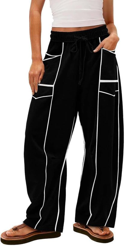 Womens Wide Leg Palazzo Pants Casual Summer High Waisted Contrast Patchwork Pants Drawstring Baggy Trousers W/Pockets