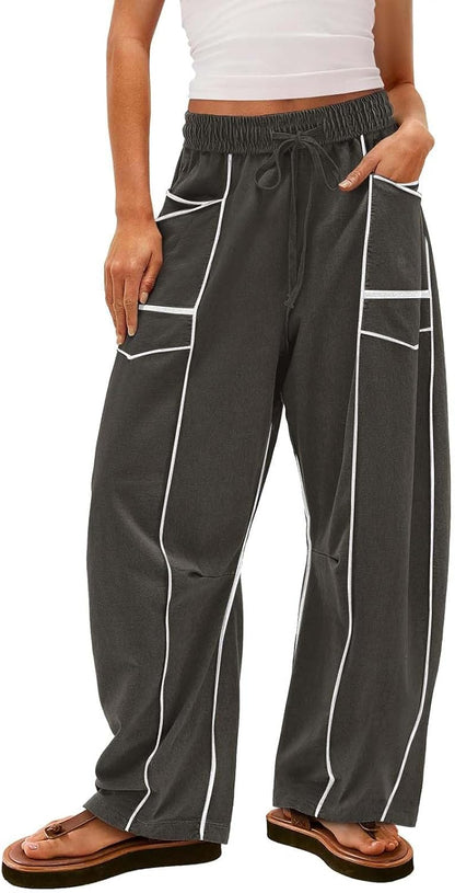 Womens Wide Leg Palazzo Pants Casual Summer High Waisted Contrast Patchwork Pants Drawstring Baggy Trousers W/Pockets