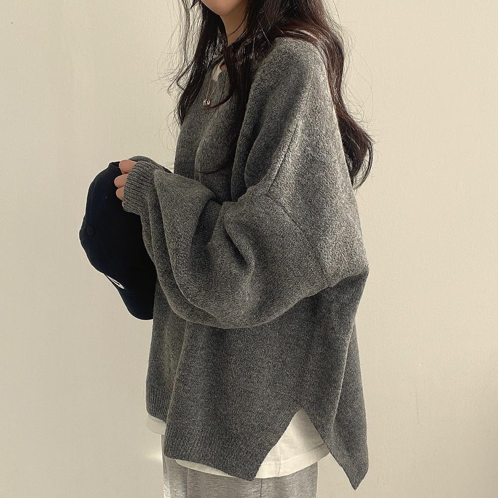 Women'S Fall & Winter Solid Chic Split Hem Crewneck Knitting Jumper, Basic Casual Loose Long Sleeve Sweater for Daily