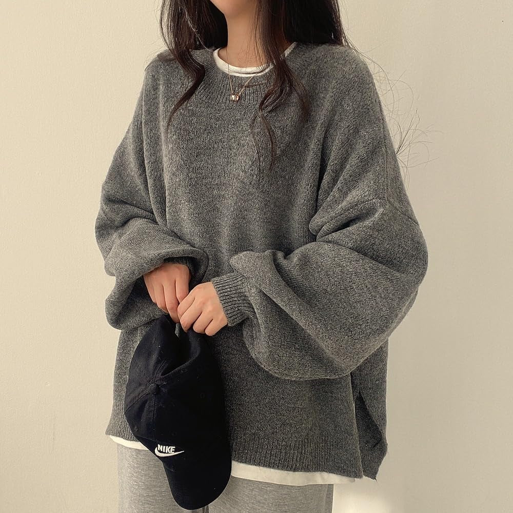 Women'S Fall & Winter Solid Chic Split Hem Crewneck Knitting Jumper, Basic Casual Loose Long Sleeve Sweater for Daily